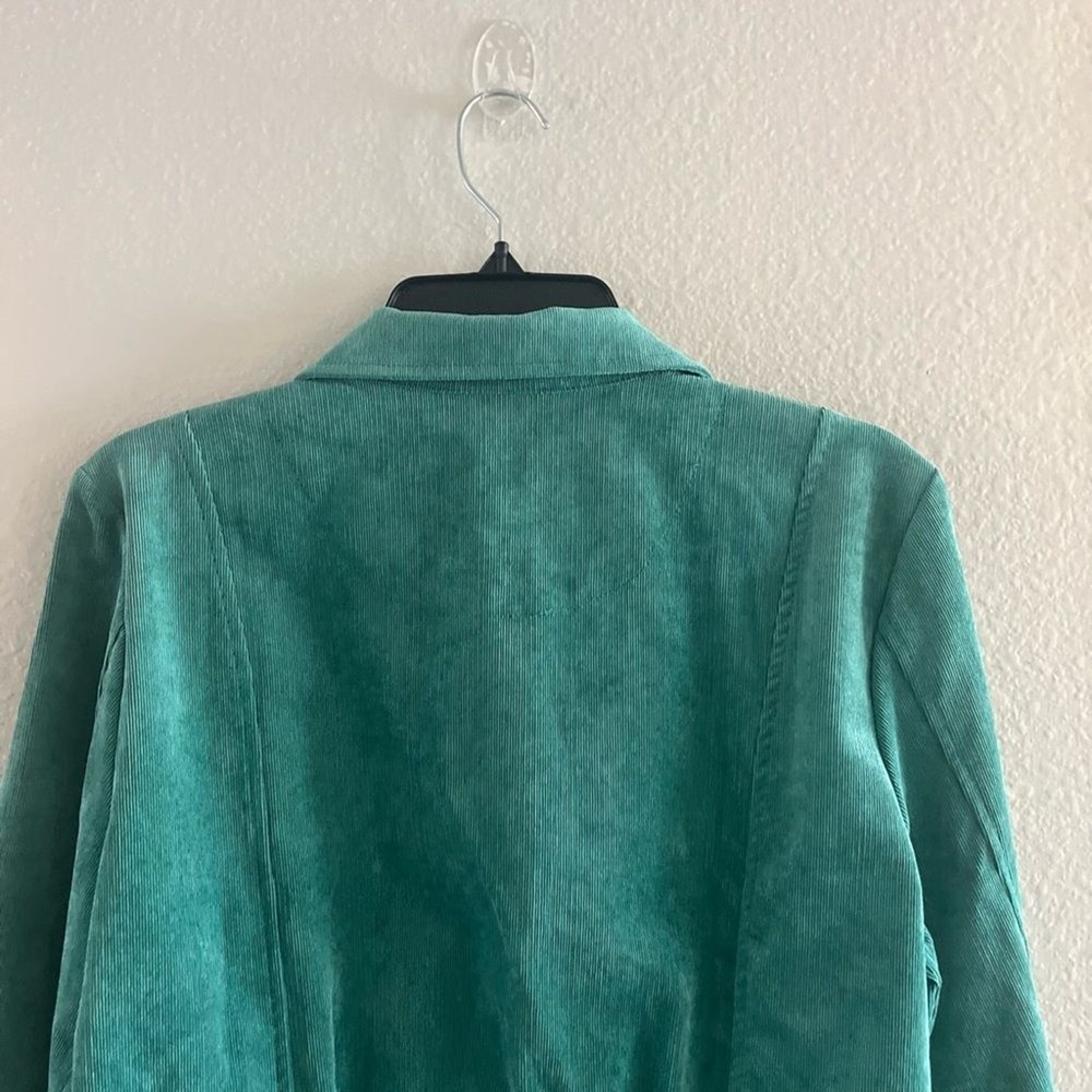 Christopher & Banks SZ Medium Green Teal Velvety Cord Jacket Fall Spring Cinched - Picture 10 of 16
